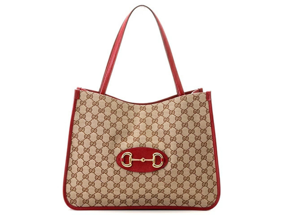 Gucci Tote Bag Horsebit Red Beige Cream GG Canvas SJ